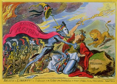 'Død eller frihet! eller, Britannia and the Virtues of the Constitution in Danger of Violation from the Great Political Libertine, Radical Reform', pub. av H. Humphrey, 1819 (farget etsning) av George Cruikshank